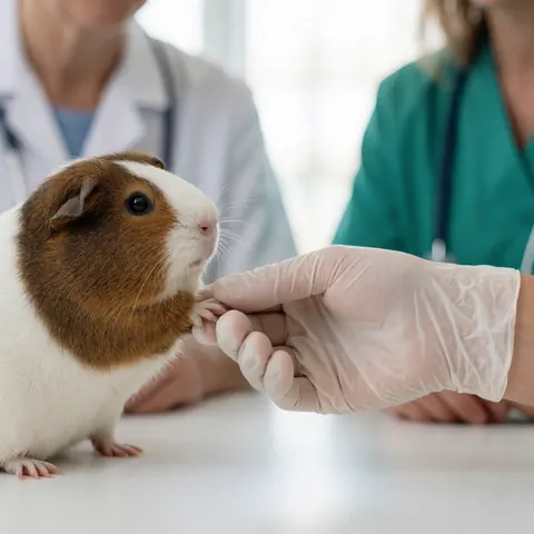 Une main portant un gant médical tient fermement la patte d'un petit animal pendant que deux professionnelles effectuent un examen clinique en cabinet vétérinaire.