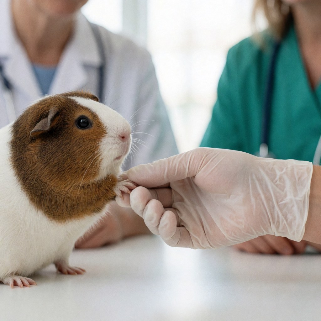 Une main portant un gant médical tient fermement la patte d'un petit animal pendant que deux professionnelles effectuent un examen clinique en cabinet vétérinaire.