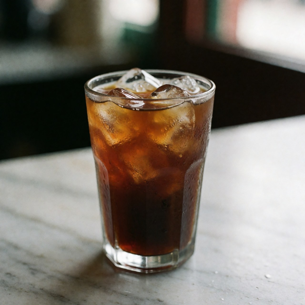 Un verre contenant du café glacé posé sur une surface en marbre blanc et gris veiné, vue rapprochée.