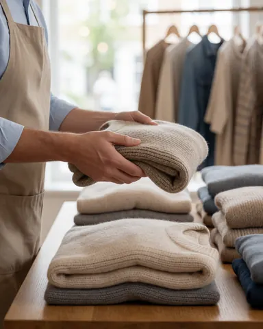Un employé masculin ajuste des vêtements pliés sur un comptoir en bois dans une boutique de détail.