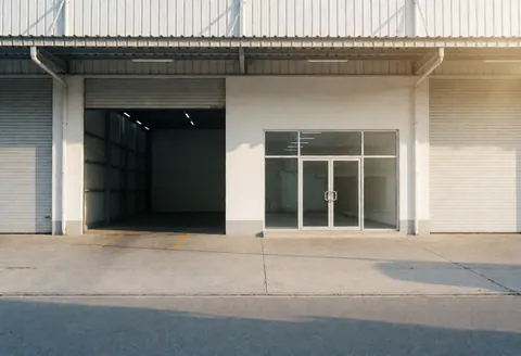 Vue extérieure d'un entrepôt industriel avec porte de chargement et fenêtres en verre.