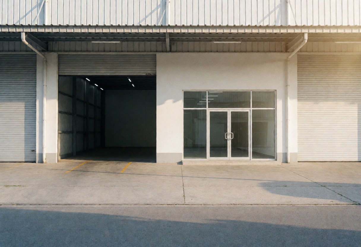 Vue extérieure d'un entrepôt industriel avec porte de chargement et fenêtres en verre.