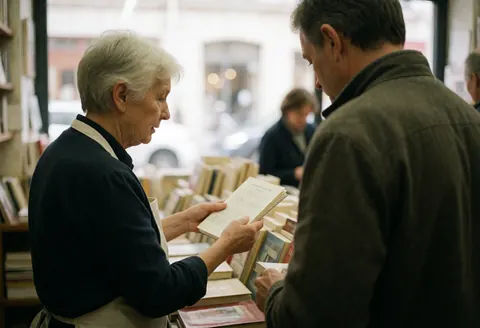 Une vendeuse accompagne un client dans le choix d'un livre parmi les étagères remplies de livres dans une librairie.