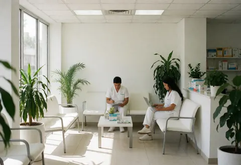 Deux professionnels de santé en uniforme blanc travaillent dans une salle d'attente avec des plantes et des meubles blancs.