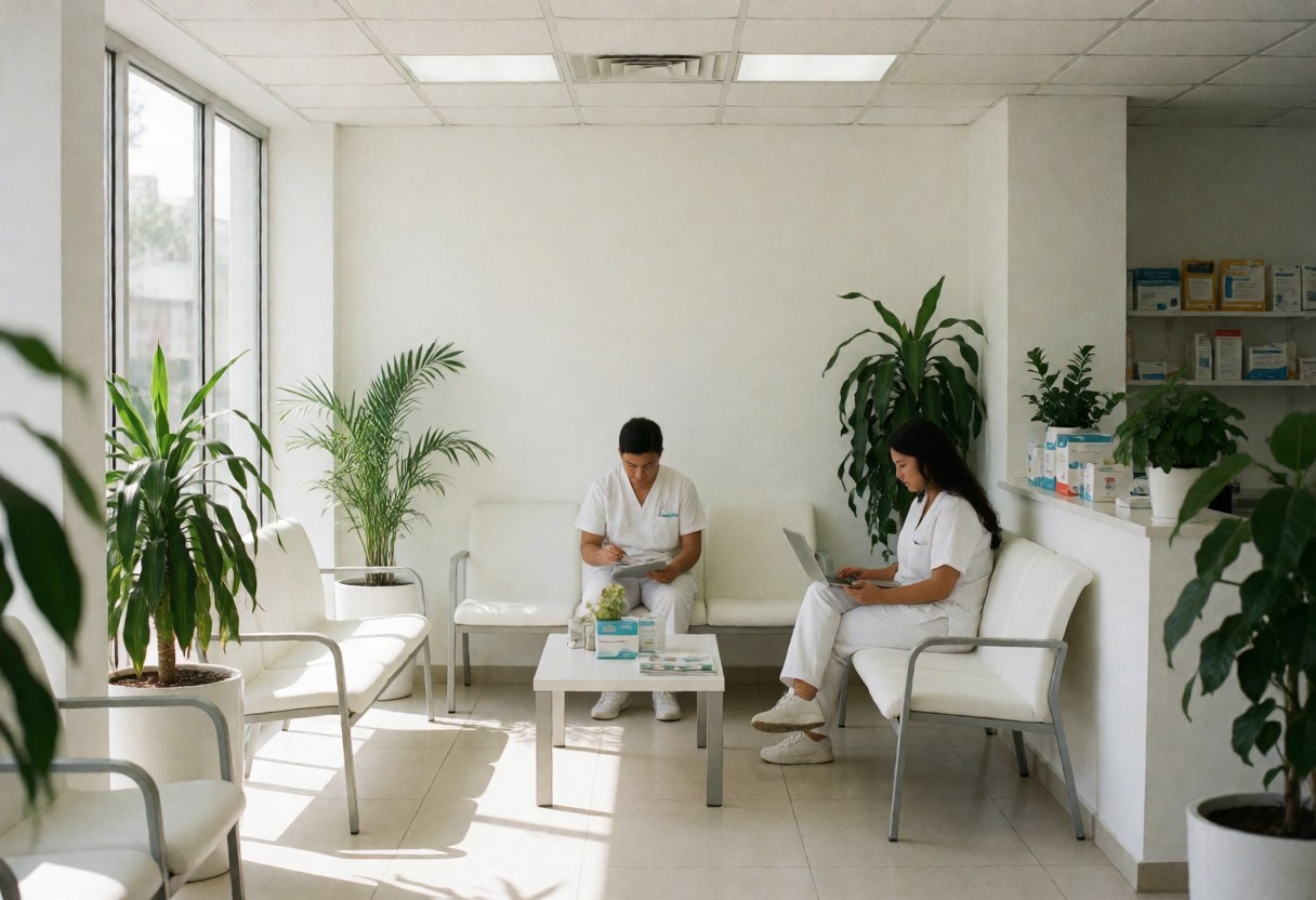 Deux professionnels de santé en uniforme blanc travaillent dans une salle d'attente avec des plantes et des meubles blancs.