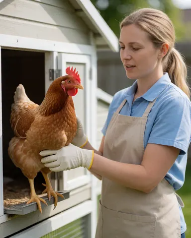 Une femme portant des gants tient une poule brune devant un poulailler dans une cour extérieure.
