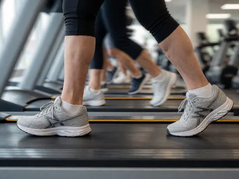 Gros plan sur des pieds portant des chaussures de running sur un tapis de course dans une salle moderne.