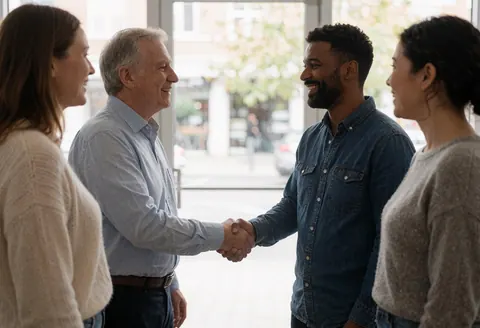 Deux personnes se serrent la main dans un espace de coworking tandis que deux autres les regardent avec le sourire.