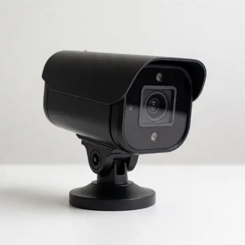 Caméra de surveillance noire sur fond blanc, prête à être installée pour protéger les locaux professionnels.