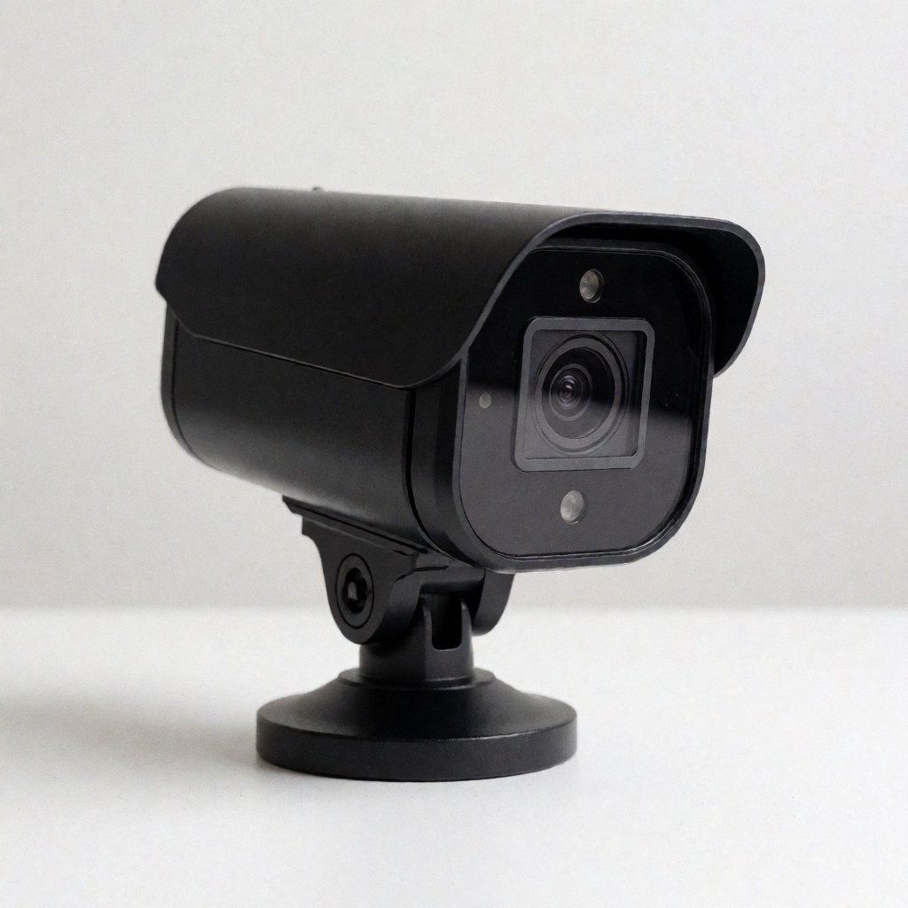 Caméra de surveillance noire sur fond blanc, prête à être installée pour protéger les locaux professionnels.