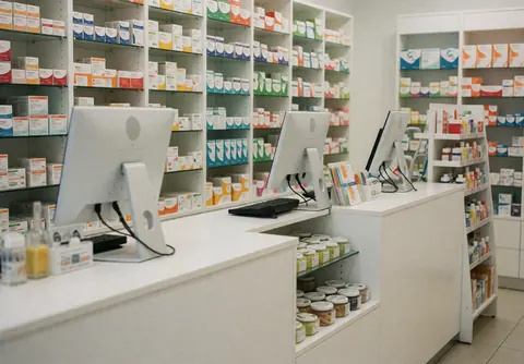 Vue intérieure d'une pharmacie contemporaine présentant des comptoirs blancs, des rayons remplis de produits pharmaceutiques et des ordinateurs pour le service client.