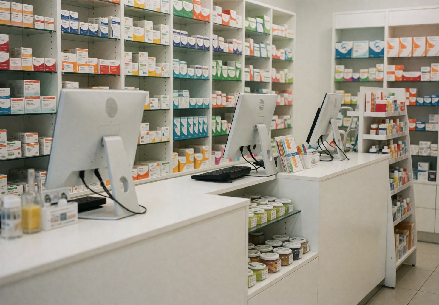 Vue intérieure d'une pharmacie contemporaine présentant des comptoirs blancs, des rayons remplis de produits pharmaceutiques et des ordinateurs pour le service client.