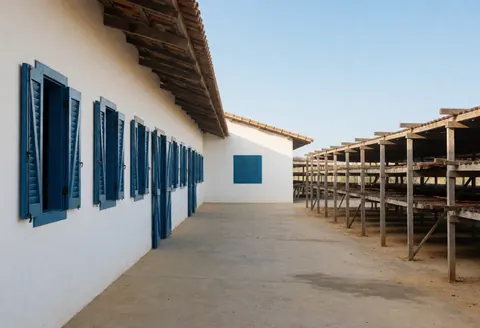 Entrepôt de cacao aux murs blancs et volets bleus, doté de structures en bois pour le séchage à l'air libre.