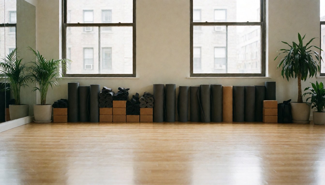 Intérieur d'un studio de yoga désert avec sols en bois, tapis roulés, plantes vertes et blocs, éclairé par la lumière du jour entrant par les fenêtres.