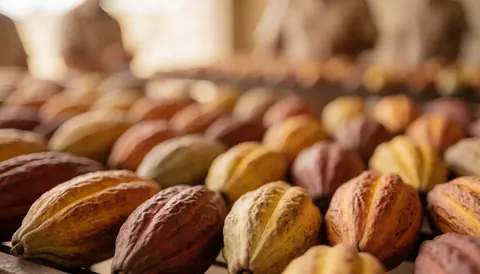 Grains de cacao marron et jaune séchés à l'air libre sur un support en bois, vue rapprochée sans personnes.