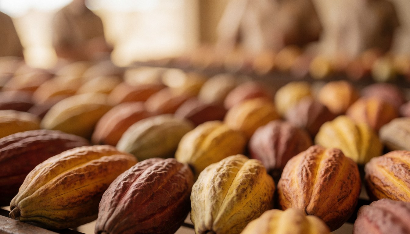 Grains de cacao marron et jaune séchés à l'air libre sur un support en bois, vue rapprochée sans personnes.