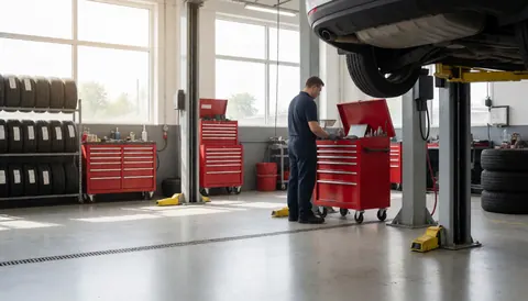 Mécanicien utilisant des outils dans une boîte rouge, avec une voiture surélevée et des pneus empilés en arrière-plan.