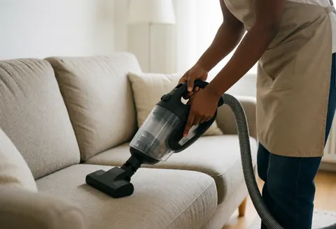 Un professionnel en tablier aspire un canapé beige dans un salon lumineux.