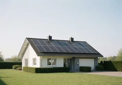 Maison blanche équipée de panneaux solaires sur le toit, entourée d'une pelouse et de haies bien entretenues sous un ciel dégagé.