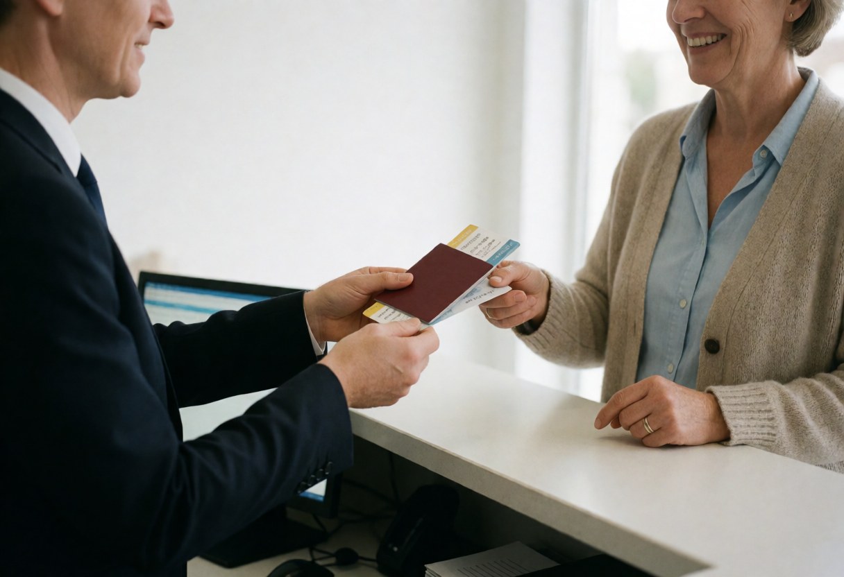 Un agent de voyages remet un passeport et un billet à un client derrière le comptoir de l'agence.
