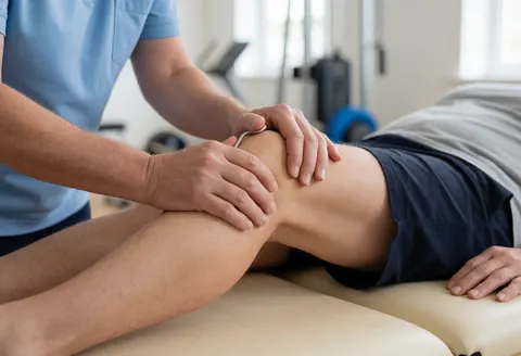 Kinésithérapeute utilisant un outil métallique sur le genou d'un patient allongé sur une table de traitement en clinique.