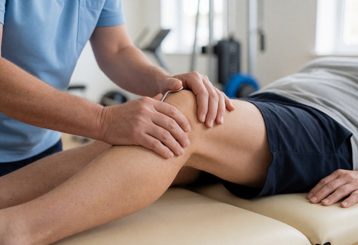 Kinésithérapeute utilisant un outil métallique sur le genou d'un patient allongé sur une table de traitement en clinique.
