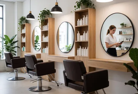 Intérieur d'un salon de coiffure moderne avec chaises, miroirs ronds et étagères de produits, une femme regarde son téléphone dans le miroir.