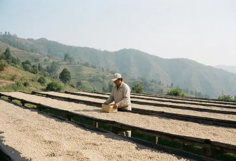 Un homme manipule des grains de café séchant au soleil sur des plateaux en bois dans un champ montagneux.
