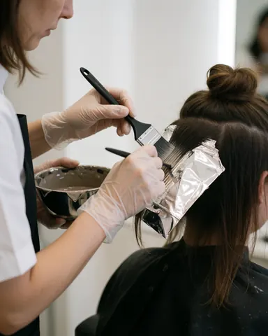Une coiffeuse portant des gants applique des mèches sur les cheveux d'une cliente à l'aide de papier aluminium dans un salon de beauté.
