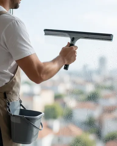 Un homme en tablier nettoie une fenêtre à l'aide d'une raclette et d'un seau d'eau.