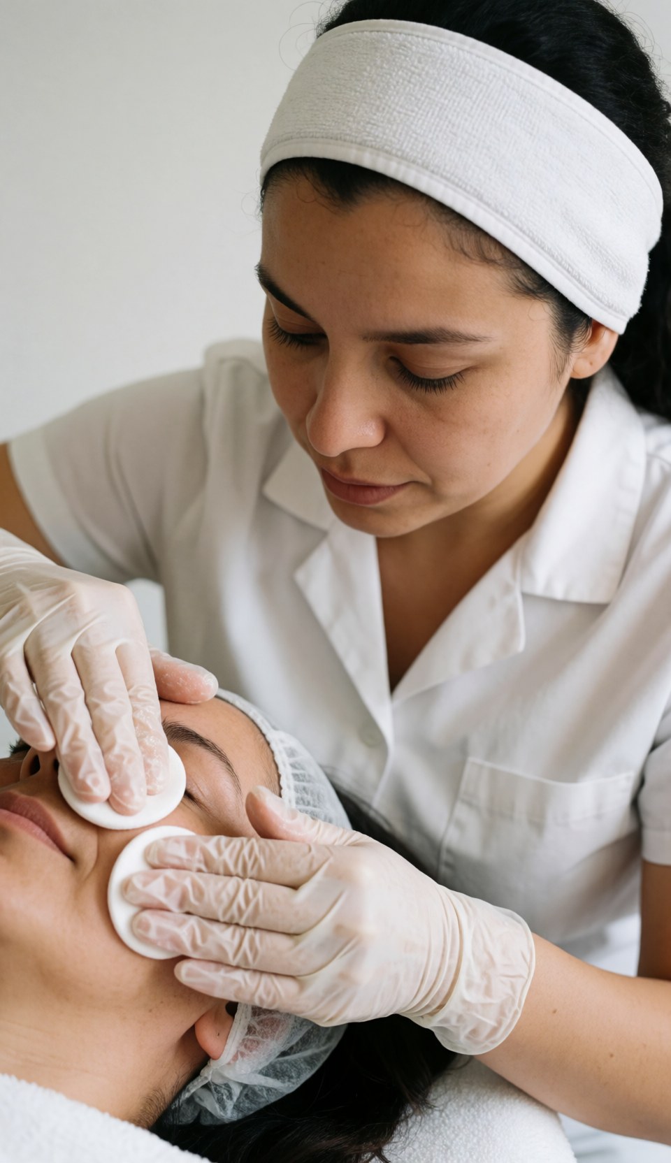 Une esthéticienne en gants nettoie délicatement le visage d'une cliente avec des disques de coton dans un salon de beauté.