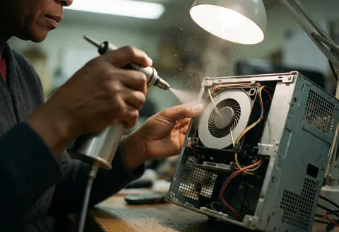 Un technicien utilise de l'air comprimé pour nettoyer l'intérieur d'un ordinateur avec ventilateur et câbles.