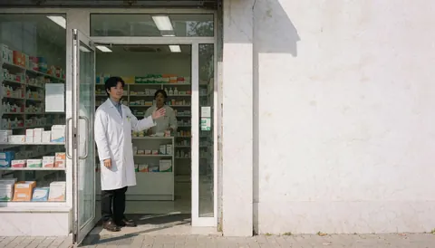Un pharmacien accueille les clients à l'entrée tandis qu'un collègue travaille à l'intérieur de la pharmacie.
