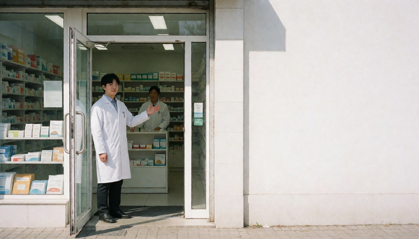 Un pharmacien accueille les clients à l'entrée tandis qu'un collègue travaille à l'intérieur de la pharmacie.