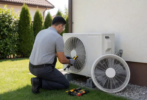 Un technicien avec des outils examine une unité extérieure de climatisation dans un jardin.