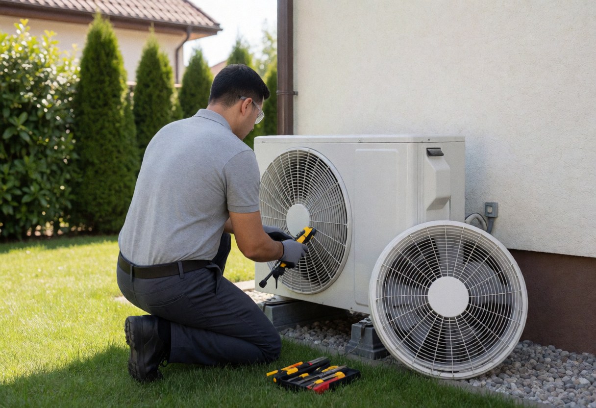 Un technicien avec des outils examine une unité extérieure de climatisation dans un jardin.