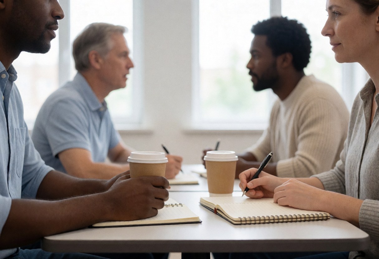 Quatre adultes prennent des notes à une table avec du café lors d'un cours de langues.
