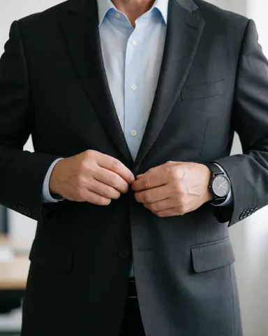 Un homme ajuste sa veste de costume bleu marine, portant une chemise bleue et une montre, se préparant pour une réunion professionnelle.