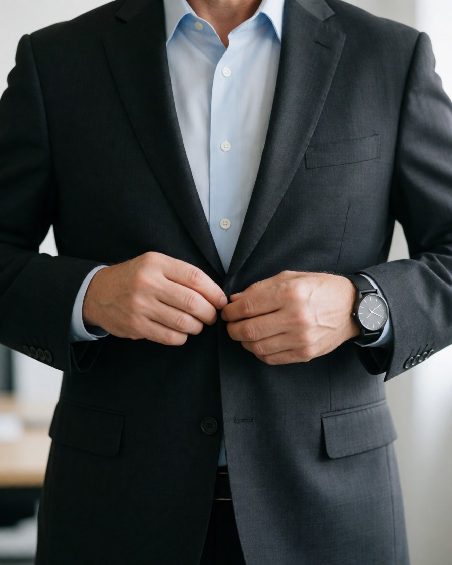 Un homme ajuste sa veste de costume bleu marine, portant une chemise bleue et une montre, se préparant pour une réunion professionnelle.