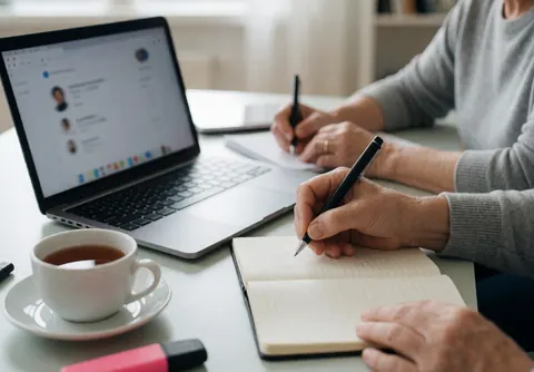 Un homme adulte prend des notes dans un cahen pendant qu'il travaille depuis son domicile avec un ordinateur portable.