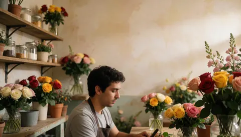 Un jeune homme en tablier compose des bouquets de roses parmi des vases et des arrangements floraux dans une boutique.