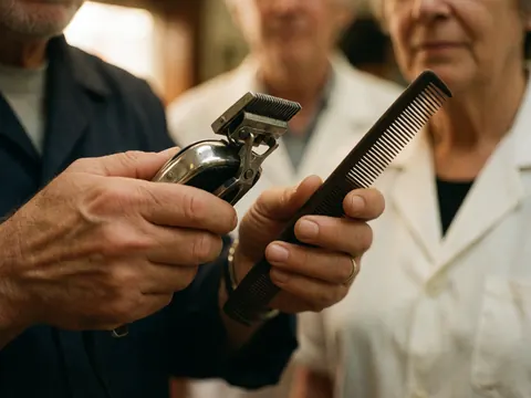 Un barbier tient une tondeuse et un peigne en bois pendant qu'il travaille dans son atelier.