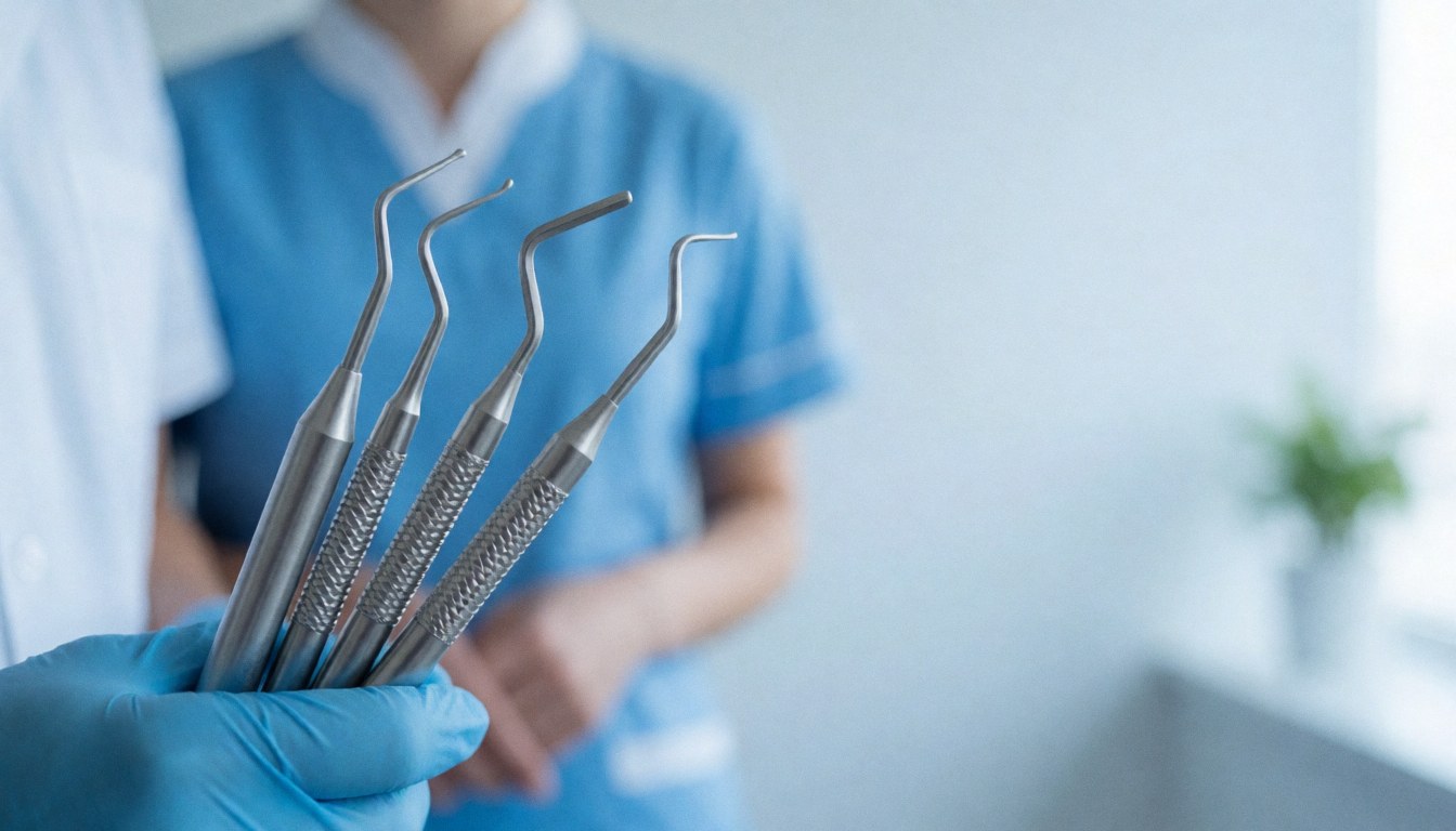 Une main portant un gant bleu tient quatre instruments métalliques sur fond de clinique dentaire.