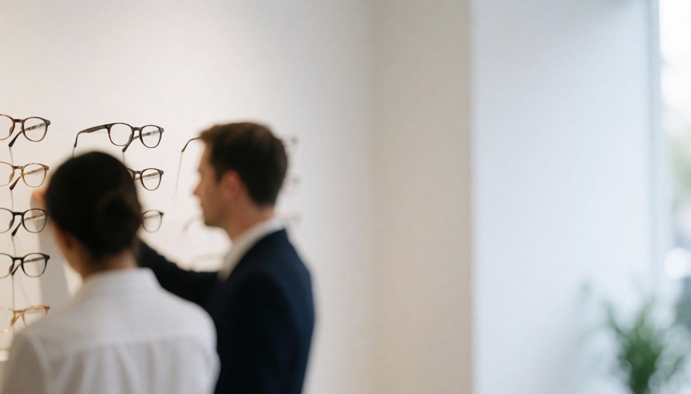 Un client et un conseiller sélectionnent des montures de lunettes devant un mur blanc dans une optique.
