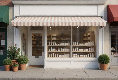 Façade d'une pharmacie présentant une vitrine remplie de produits, un auvent rayé, des plantes en pot sur le trottoir et une vue extérieure calme.