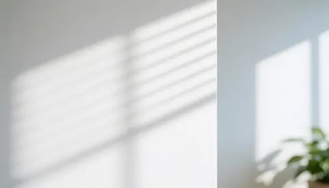 Un mur blanc éclairé par la lumière naturelle projetant les ombres des stores, avec une plante dans le coin pour ajouter une touche de décoration.