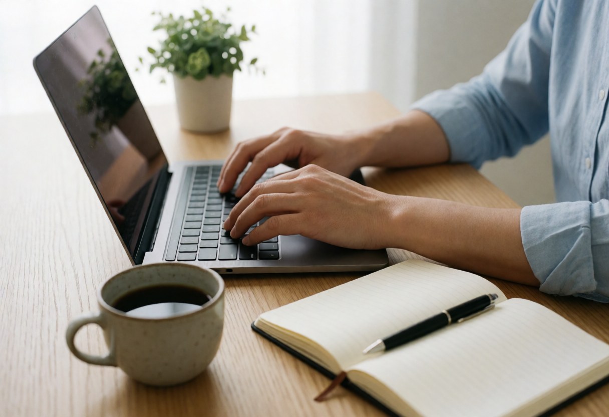Un homme adulte utilise un ordinateur portable posé sur une table en bois, accompagné d'une tasse de café et d'un carnet ouvert.