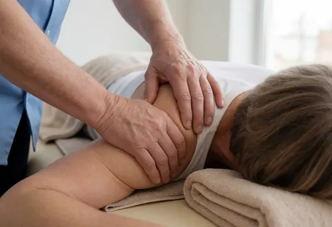 Un thérapeute en uniforme bleu pratique un massage manuel sur l'épaule d'une patiente allongée sur une table de massage en clinique.