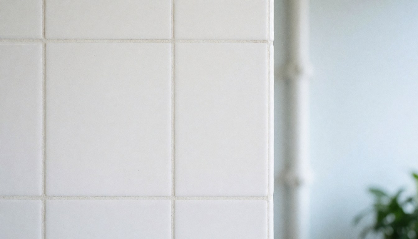 Mur recouvert de carreaux céramiques blancs avec des joints gris clair, offrant une surface lisse et uniforme idéale pour superposer du texte ou servir de décor neutre.
