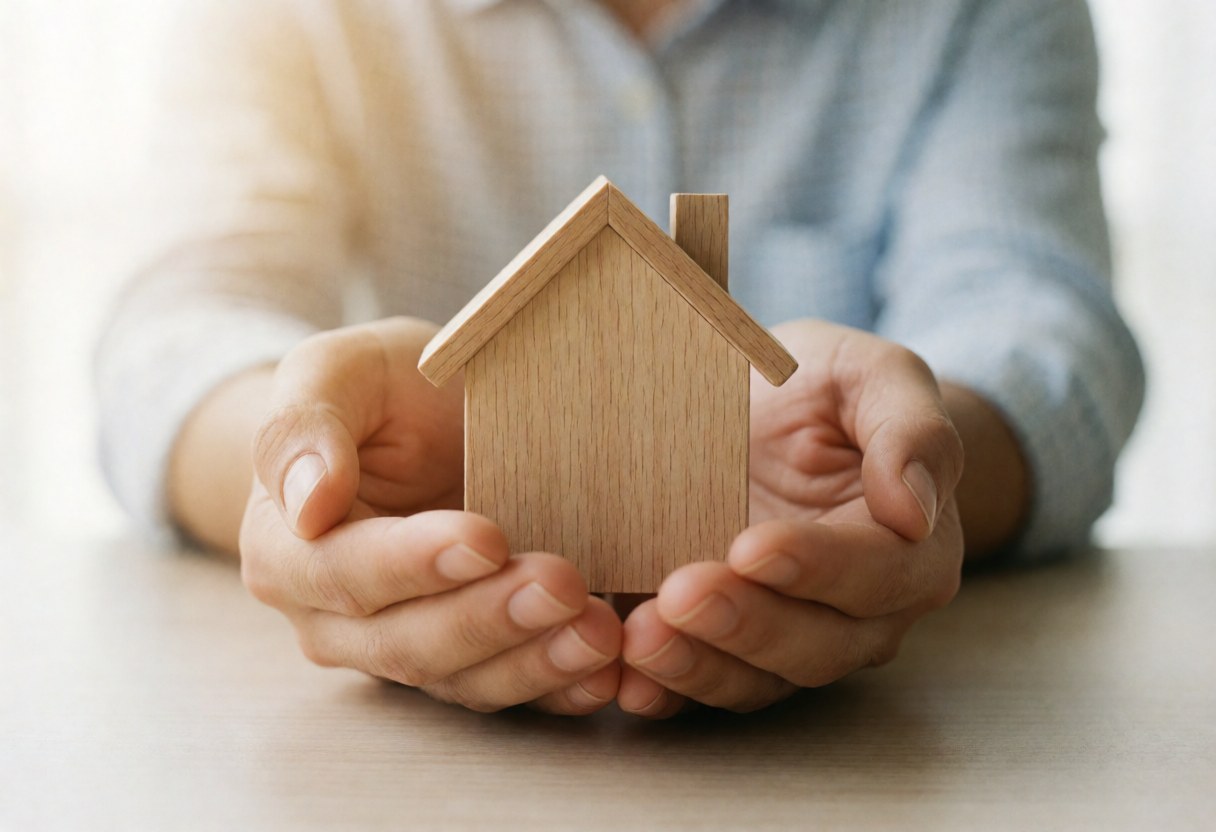Deux mains soutiennent délicatement un modèle réduit d'une maison en bois posé sur une table, évoquant la protection et le soin du foyer.